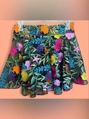 Embroidered Floral Mesh Skirt - Multicolor
